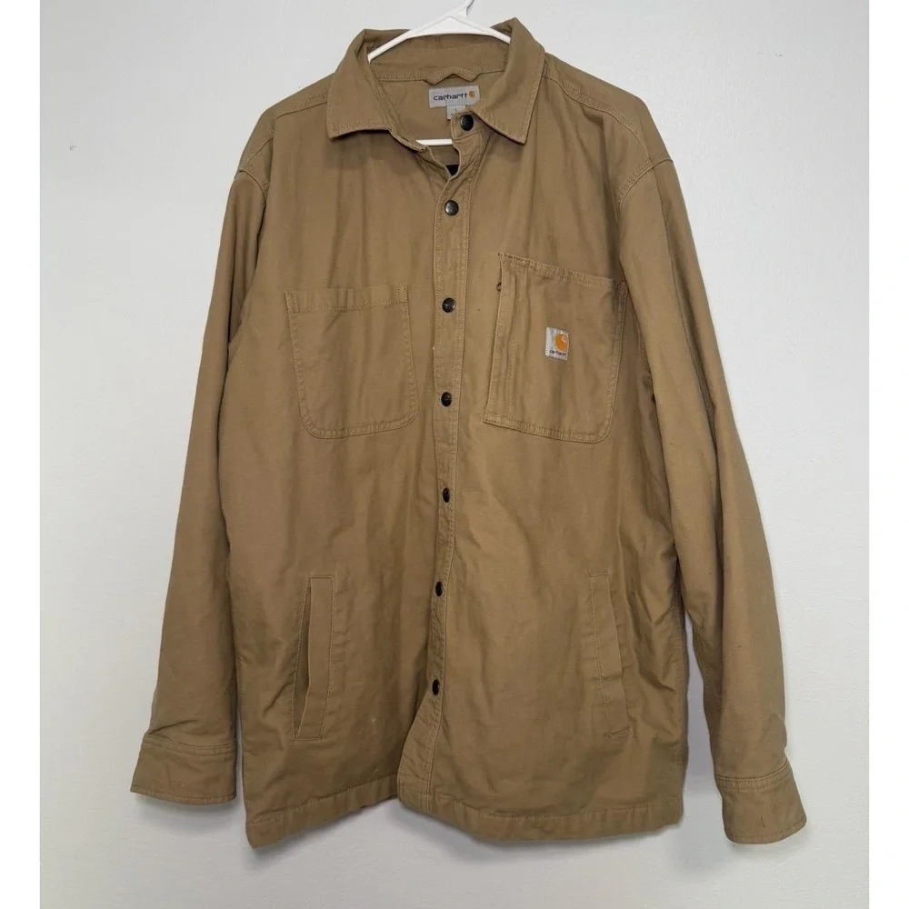 Carhartt Work Jacket Mens Size L Tan Chore Coat Button Front Rugged